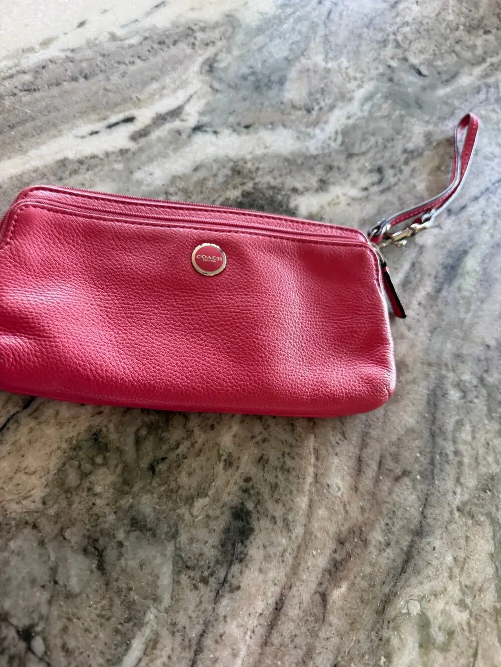 Coach Coral Pink Pebbled Leather Wristlet Clutch Zip Wallet Pouch New York